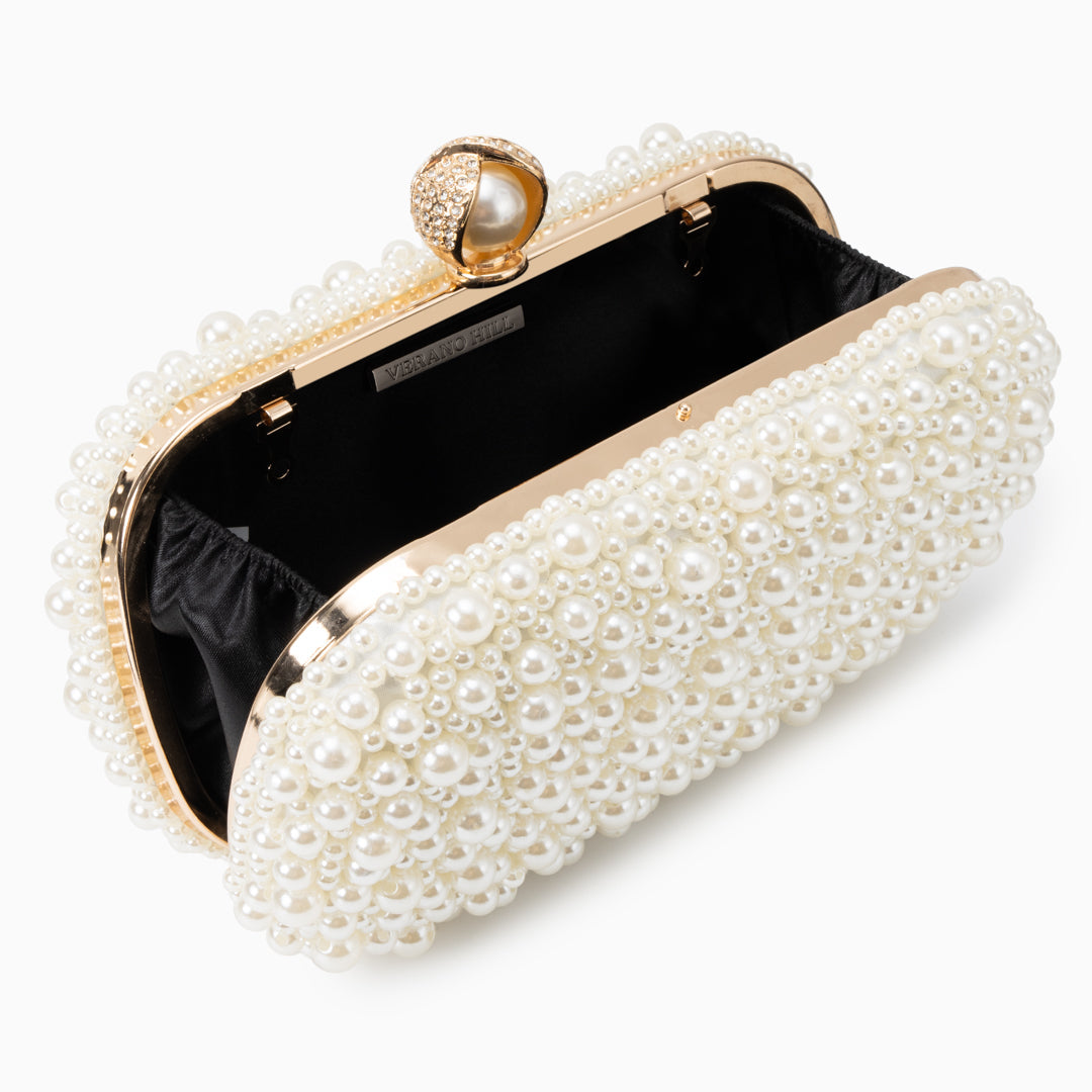 Ivoire – Pearl Clutch Purse with Gold Chain Strap