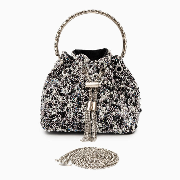 Iris – Beaded Bucket Evening Bag with Crystal Ring Handle and Chain Strap