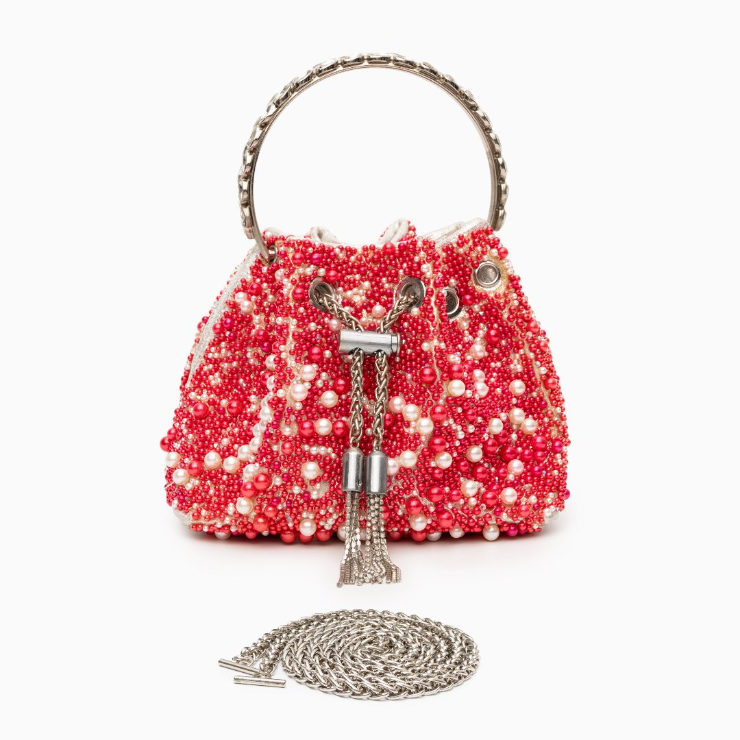 Iris – Beaded Bucket Evening Bag with Crystal Ring Handle and Chain Strap