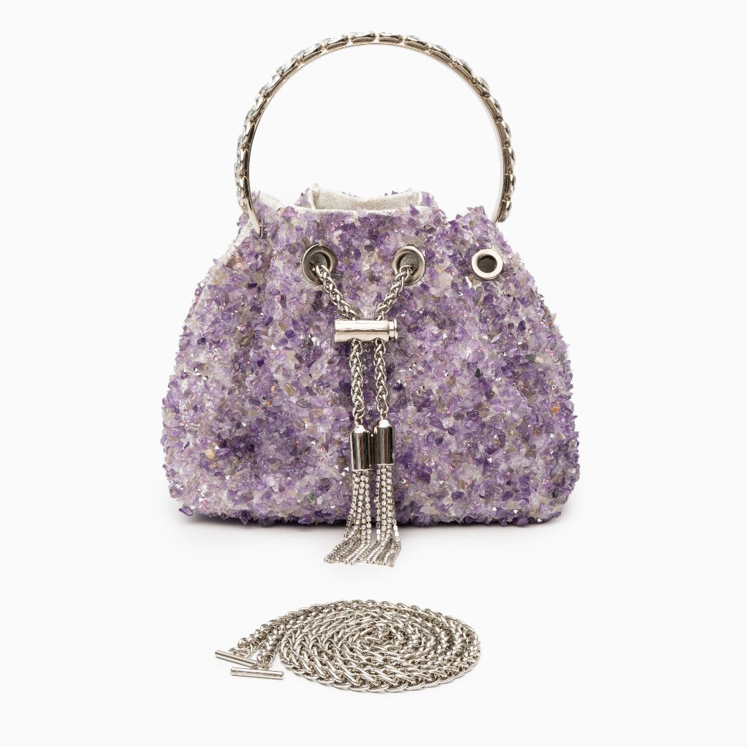 Iris – Beaded Bucket Evening Bag with Crystal Ring Handle and Chain Strap