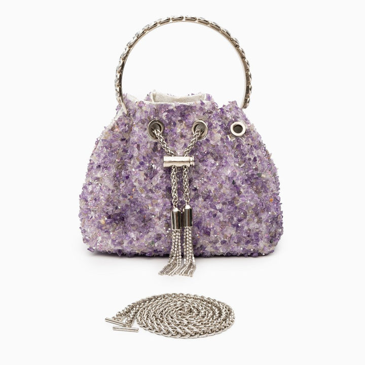 Iris – Beaded Bucket Evening Bag with Crystal Ring Handle and Chain Strap