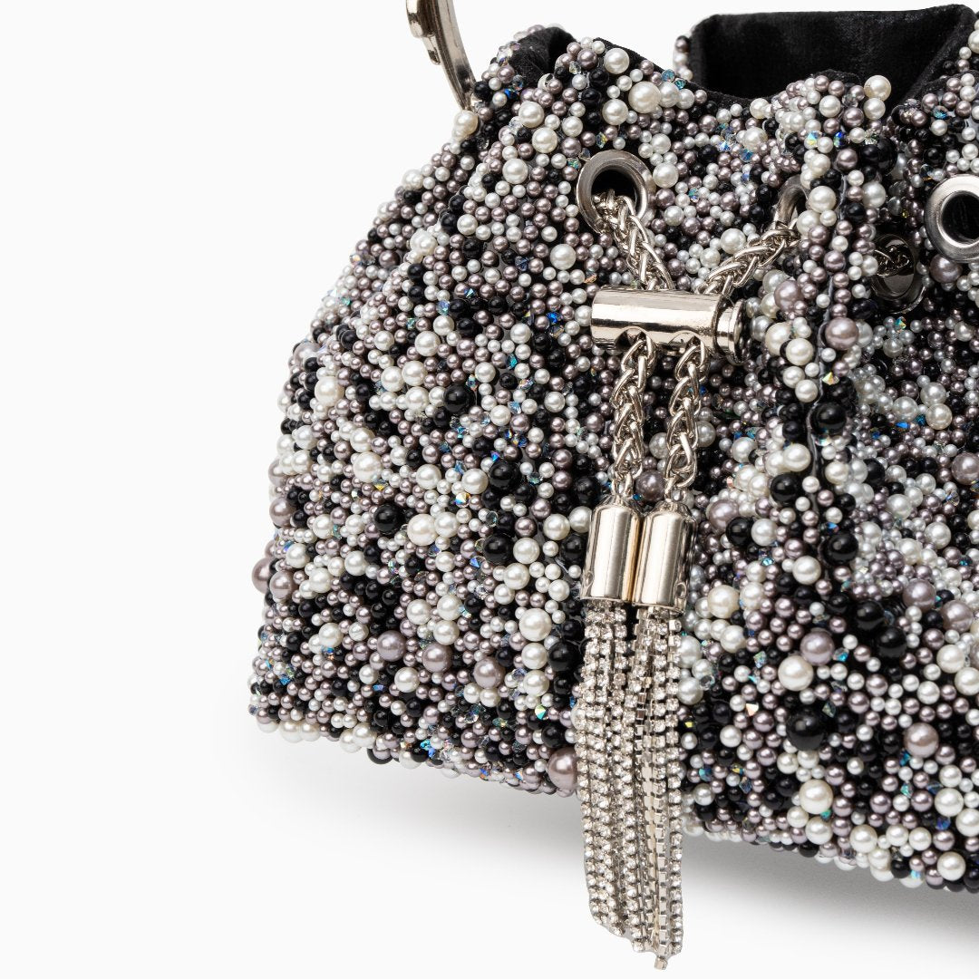Iris – Beaded Bucket Evening Bag with Crystal Ring Handle and Chain Strap