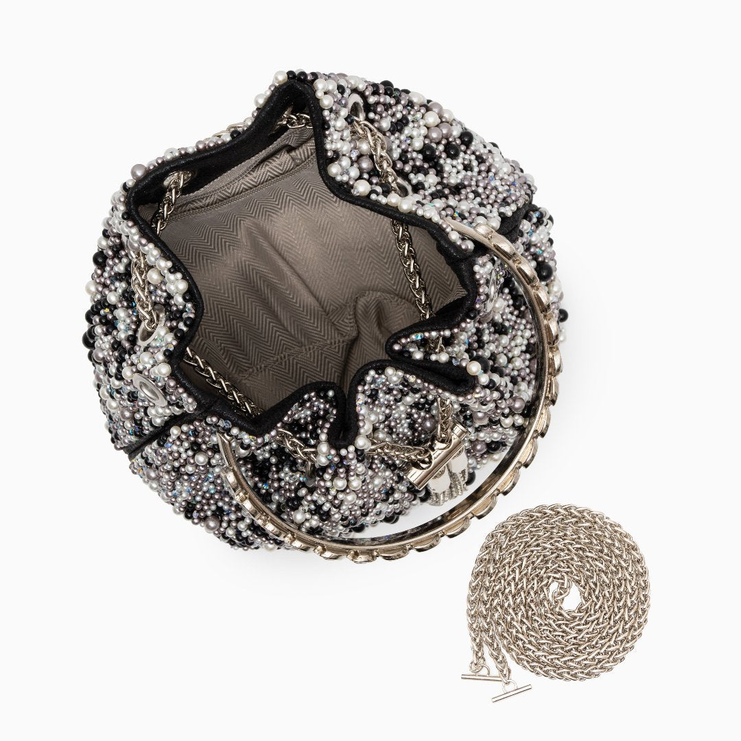 Iris – Beaded Bucket Evening Bag with Crystal Ring Handle and Chain Strap