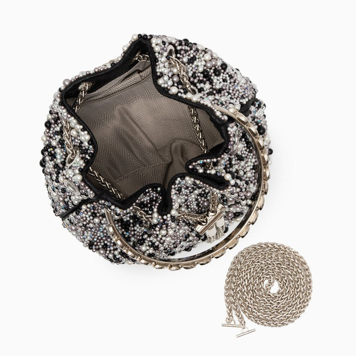 Iris – Beaded Bucket Evening Bag with Crystal Ring Handle and Chain Strap