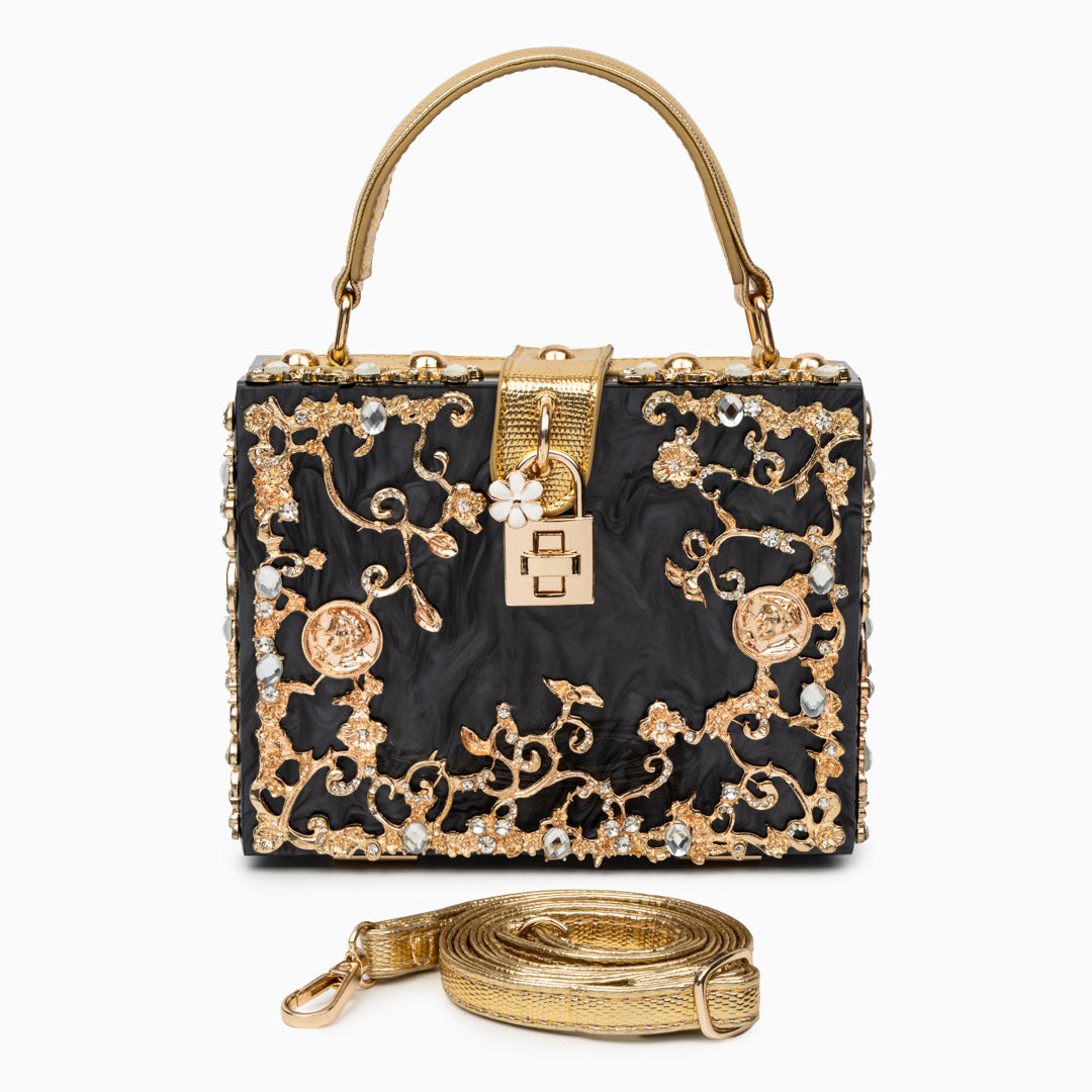 Flora – Floral Crystal Crossbody Bag and Box Clutch with Gold Top Handle