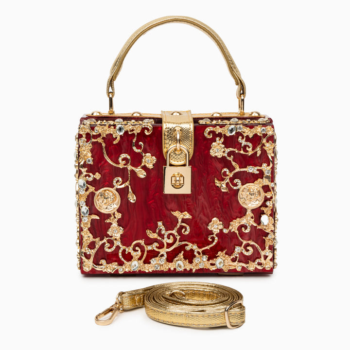Flora – Floral Crystal Crossbody Bag and Box Clutch with Gold Top Handle