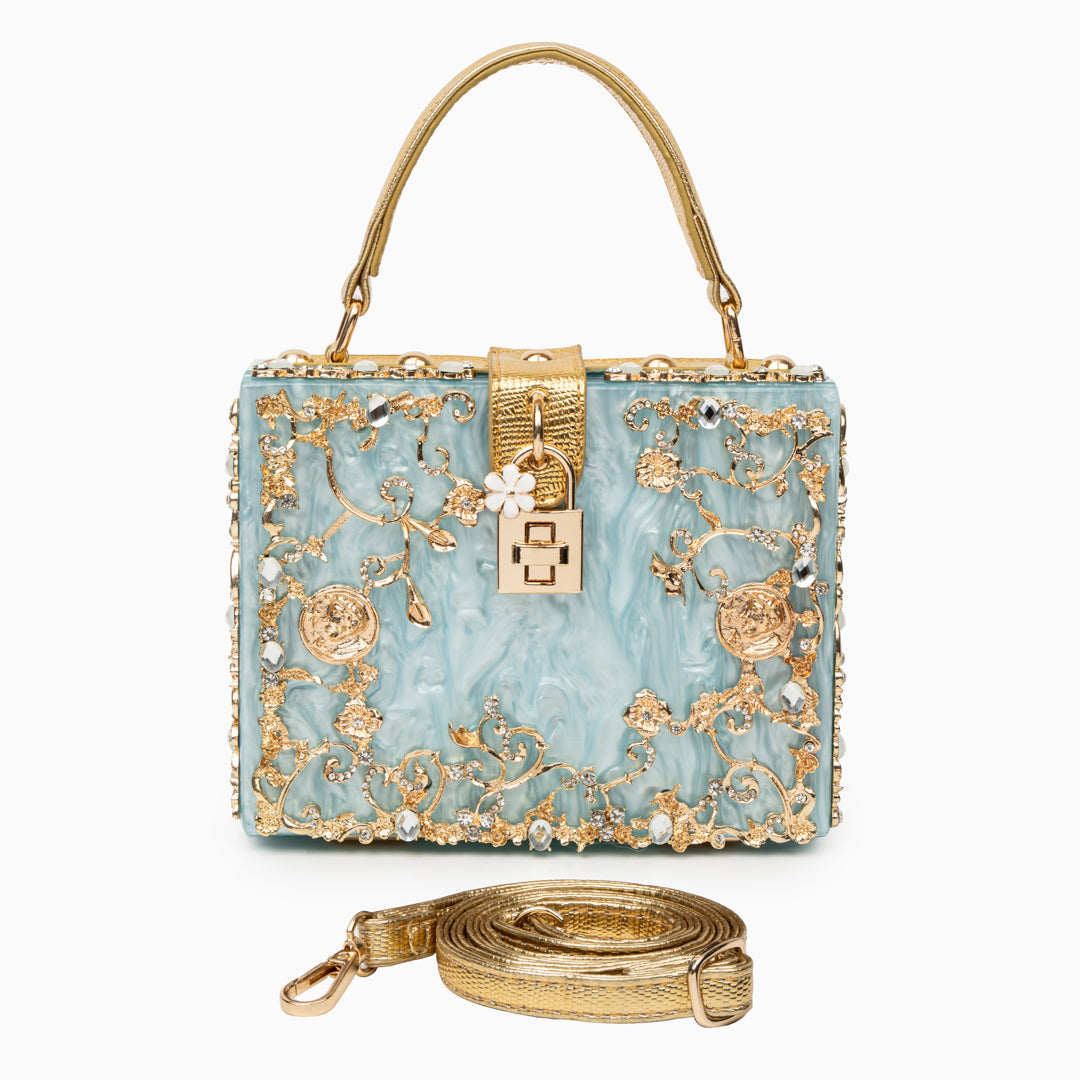 Flora – Floral Crystal Crossbody Bag and Box Clutch with Gold Top Handle
