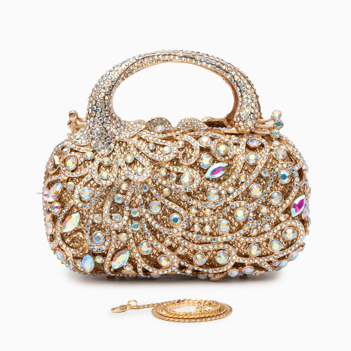 Vera – Crystal Peacock Evening Clutch with Top Handle and Chain Strap
