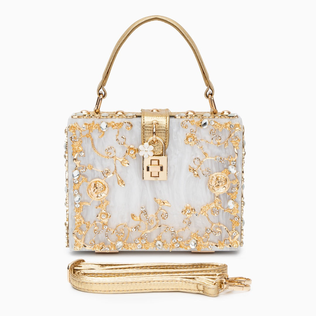 Flora – Floral Crystal Crossbody Bag and Box Clutch with Gold Top Handle