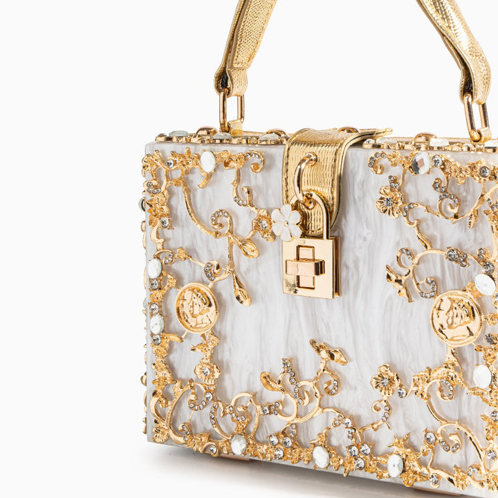 Flora – Floral Crystal Crossbody Bag and Box Clutch with Gold Top Handle