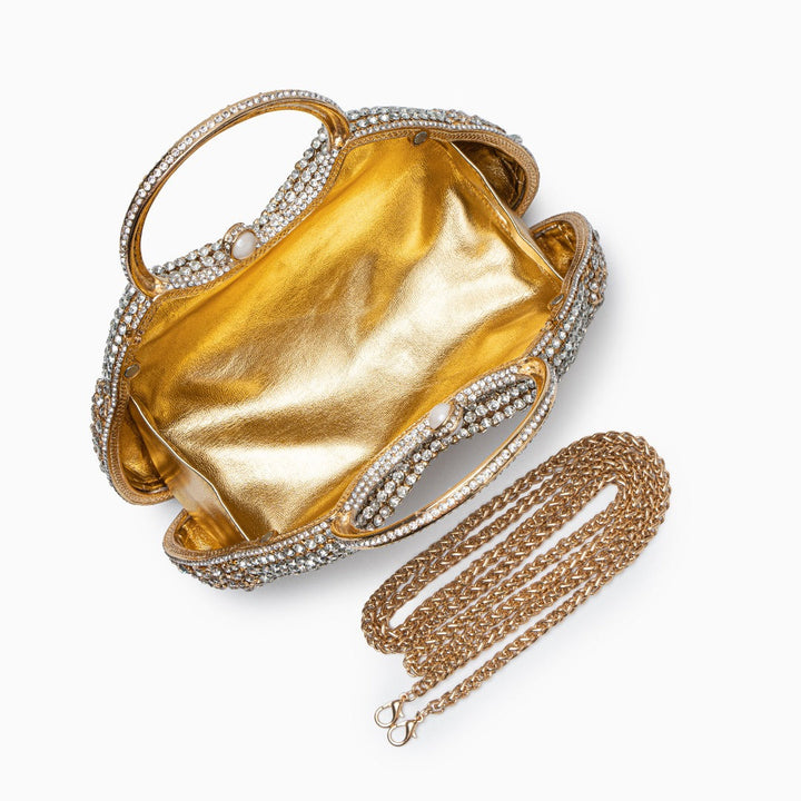 Celeste – Crystal Floral Evening Bag with Pearl Kiss Clasp and Chain Strap