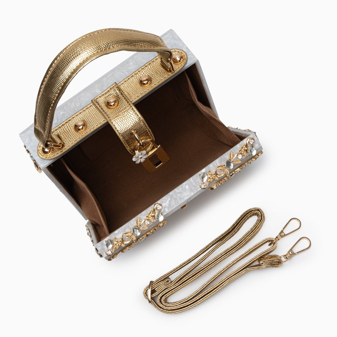 Flora – Floral Crystal Crossbody Bag and Box Clutch with Gold Top Handle