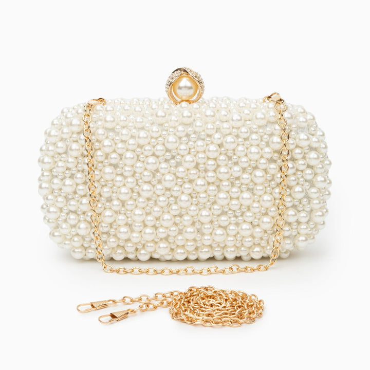 Ivoire – Pearl Clutch Purse with Gold Chain Strap