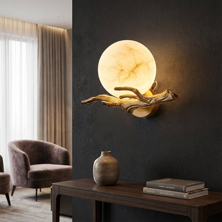 Marble and Copper Sculptural Wall Light with Warm LED Glow