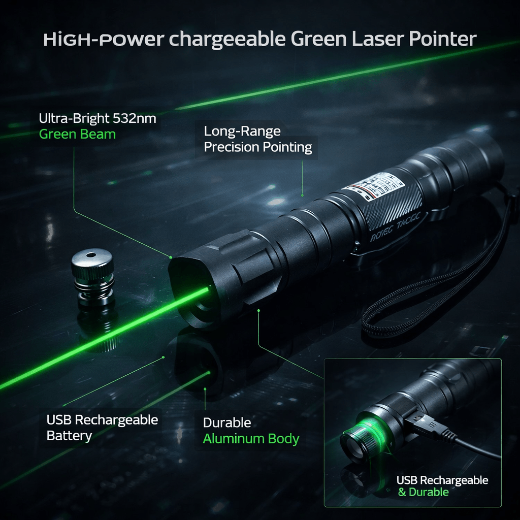 Premium Green Laser Pointer with USB Charging | 532nm Beam for Presentations and Stargazing