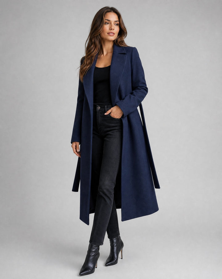 Women's Structured Wool Blend Trench Coat with Tie Belt - Long Line Office to Evening