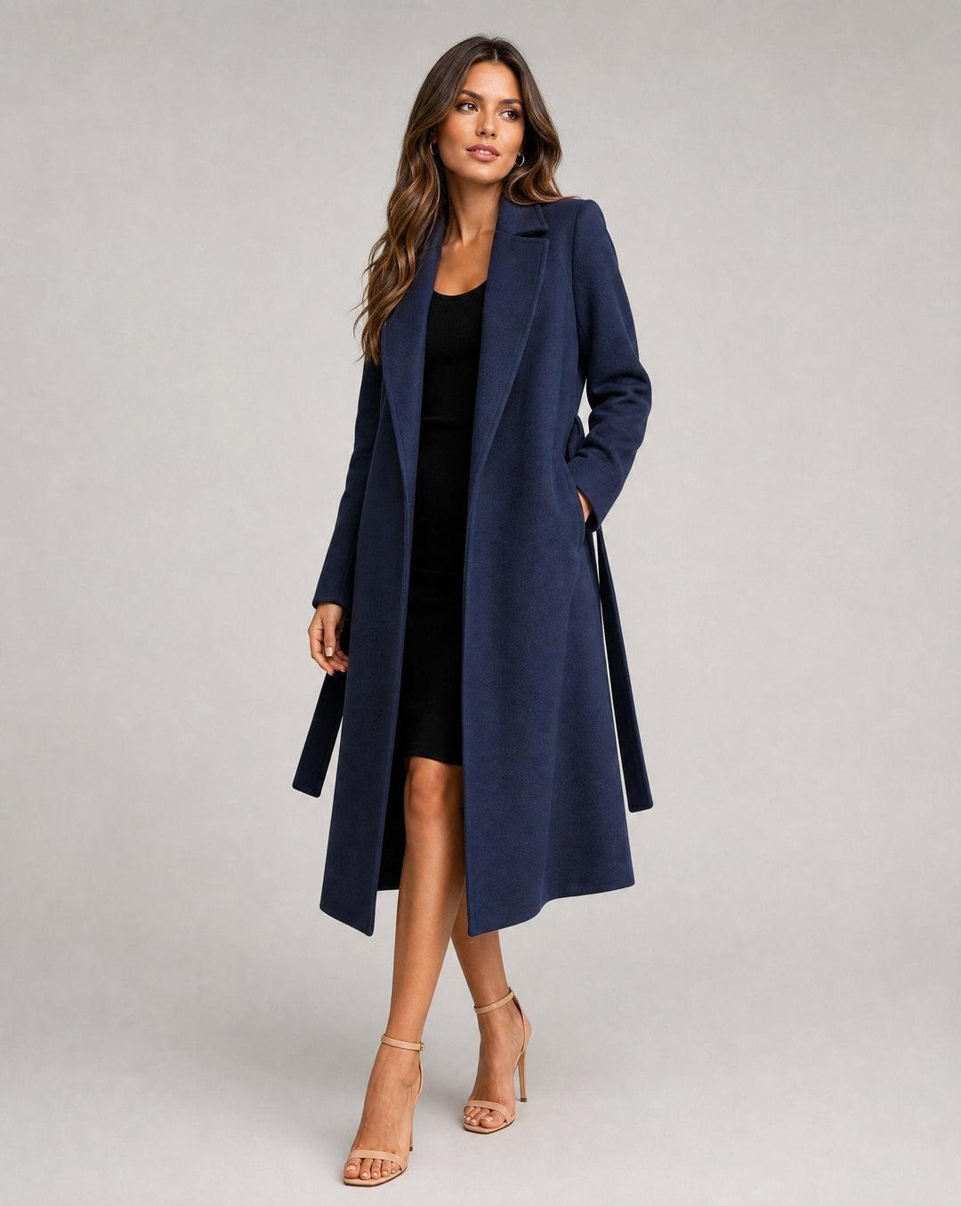 Women's Structured Wool Blend Trench Coat with Tie Belt - Long Line Office to Evening