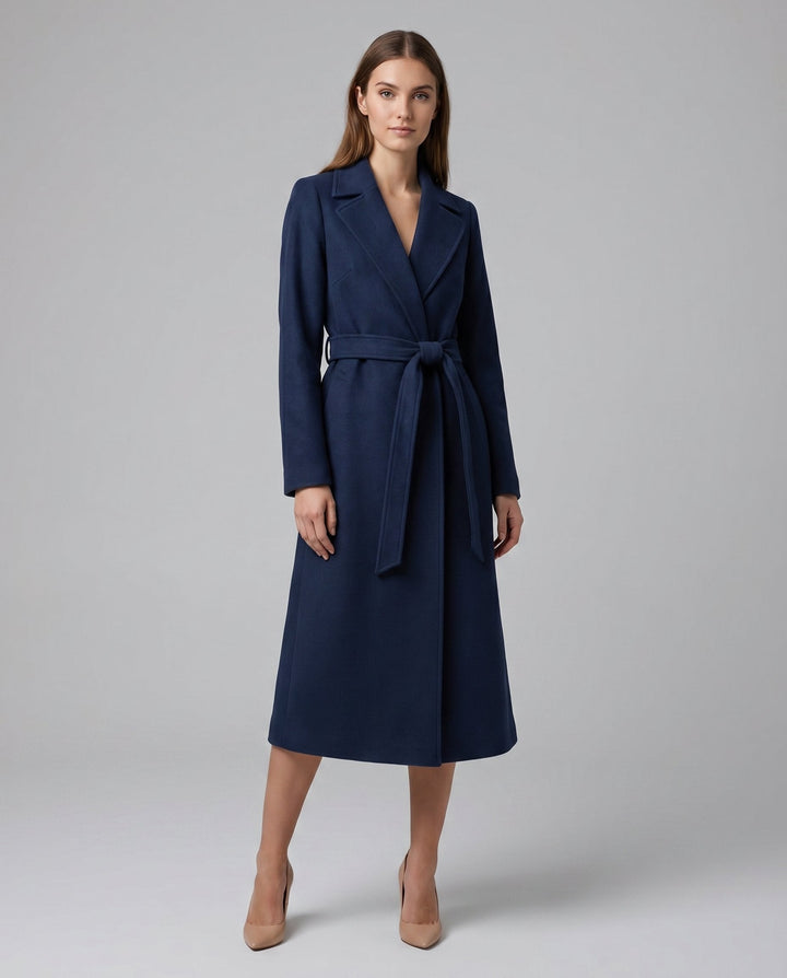 Women's Structured Wool Blend Trench Coat with Tie Belt - Long Line Office to Evening