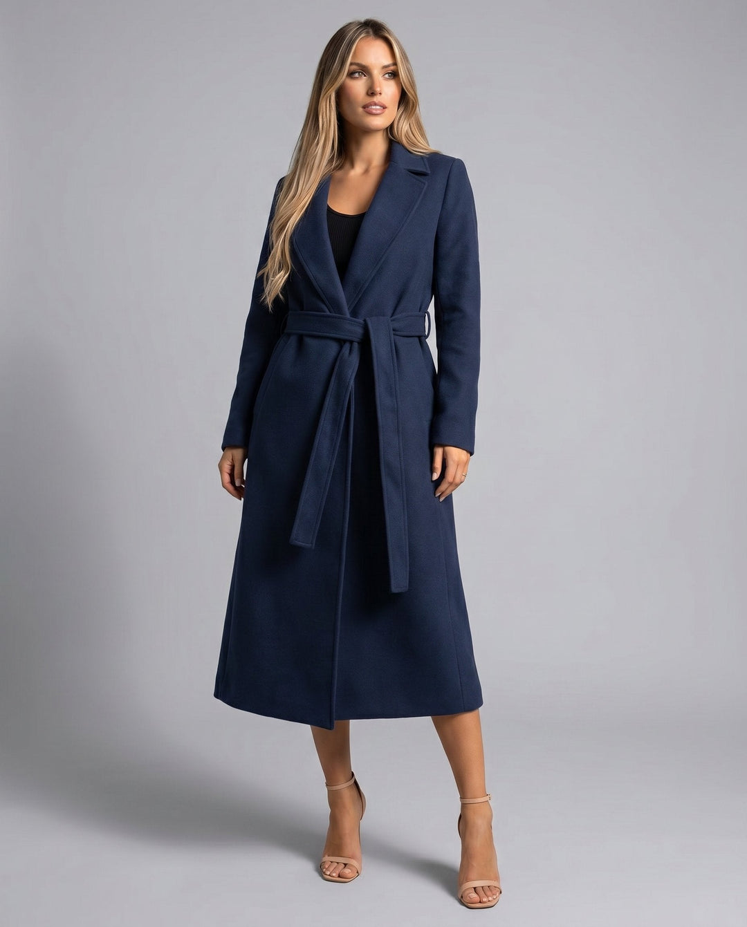 Women's Structured Wool Blend Trench Coat with Tie Belt - Long Line Office to Evening