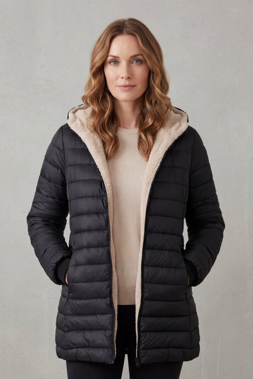 Women's Cozy Sherpa-Lined Hooded Puffer Jacket – Warm Winter Outerwear