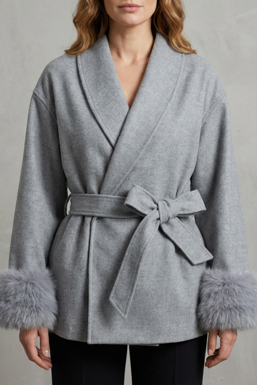 Luxe Wrap Wool Coat with Faux Fur Trim and Belted Waist