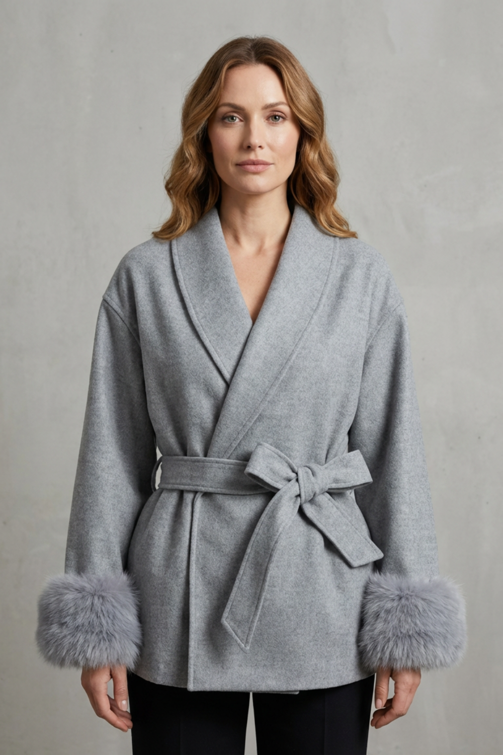 Luxe Wrap Wool Coat with Faux Fur Trim and Belted Waist