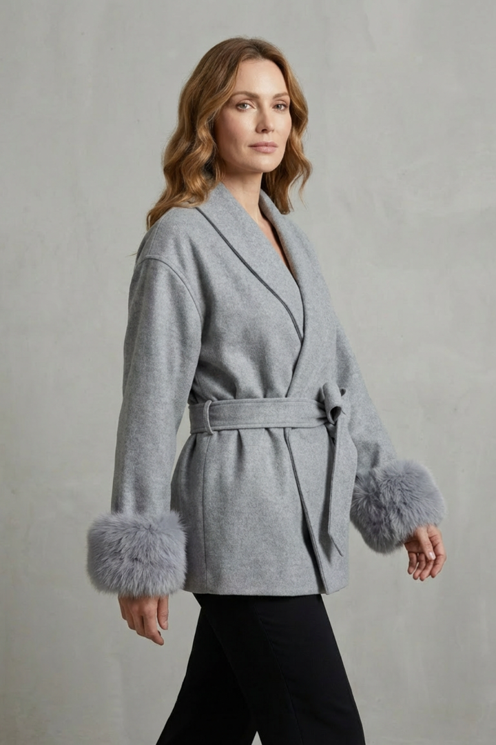 Luxe Wrap Wool Coat with Faux Fur Trim and Belted Waist