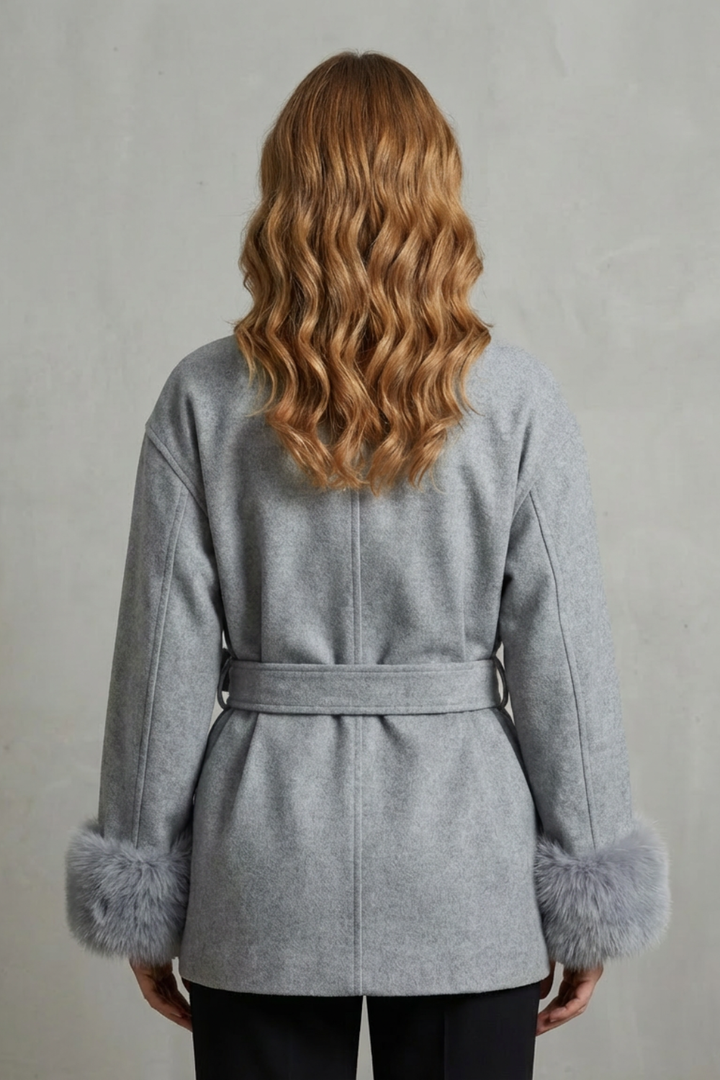 Luxe Wrap Wool Coat with Faux Fur Trim and Belted Waist