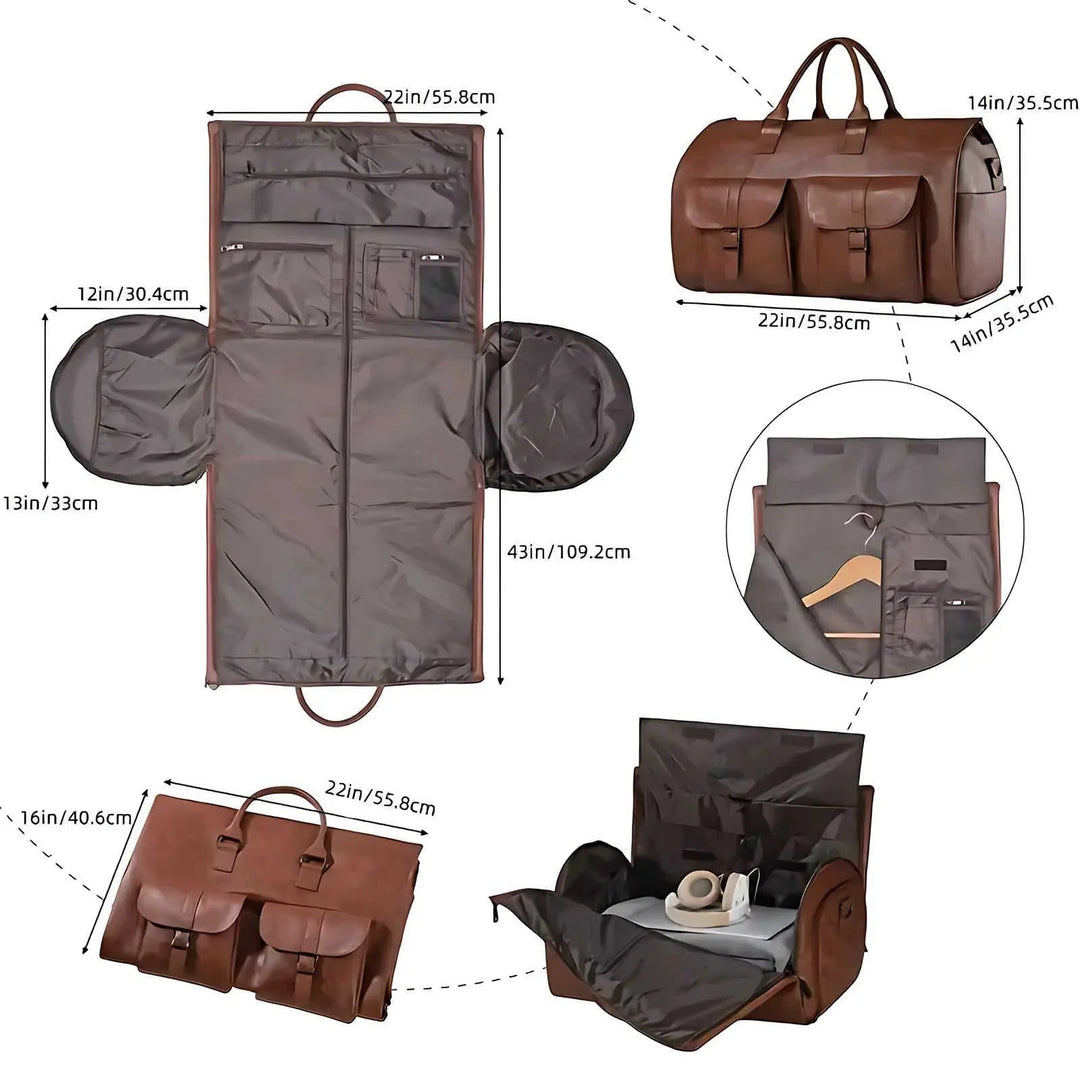 Convertible Leather Travel Weekender Duffle - 2-in-1 Garment & Carry-On Bag