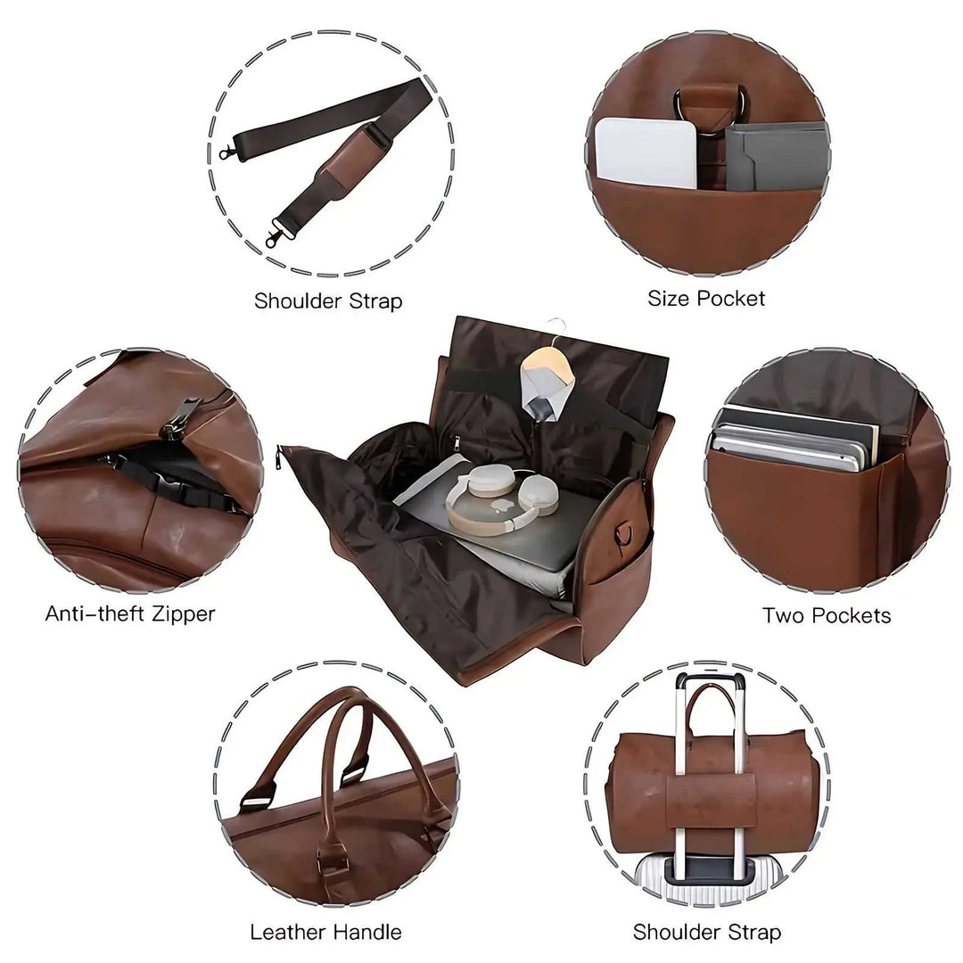 Convertible Leather Travel Weekender Duffle - 2-in-1 Garment & Carry-On Bag