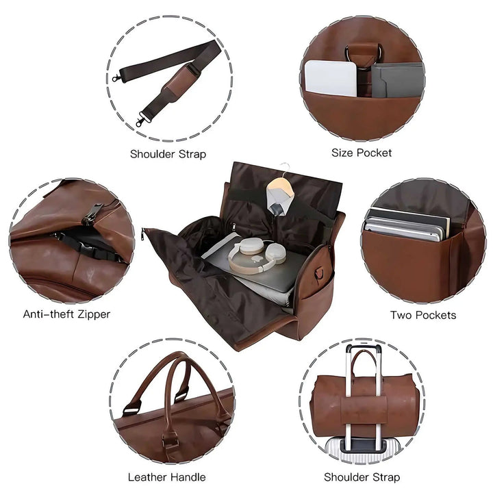 Convertible Leather Travel Weekender Duffle - 2-in-1 Garment & Carry-On Bag