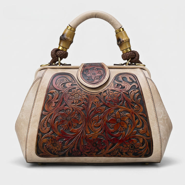 Flora – Tooled Leather Doctor Bag, Top Handle Satchel Purse