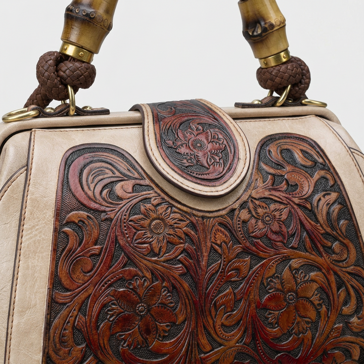 Flora – Tooled Leather Doctor Bag, Top Handle Satchel Purse