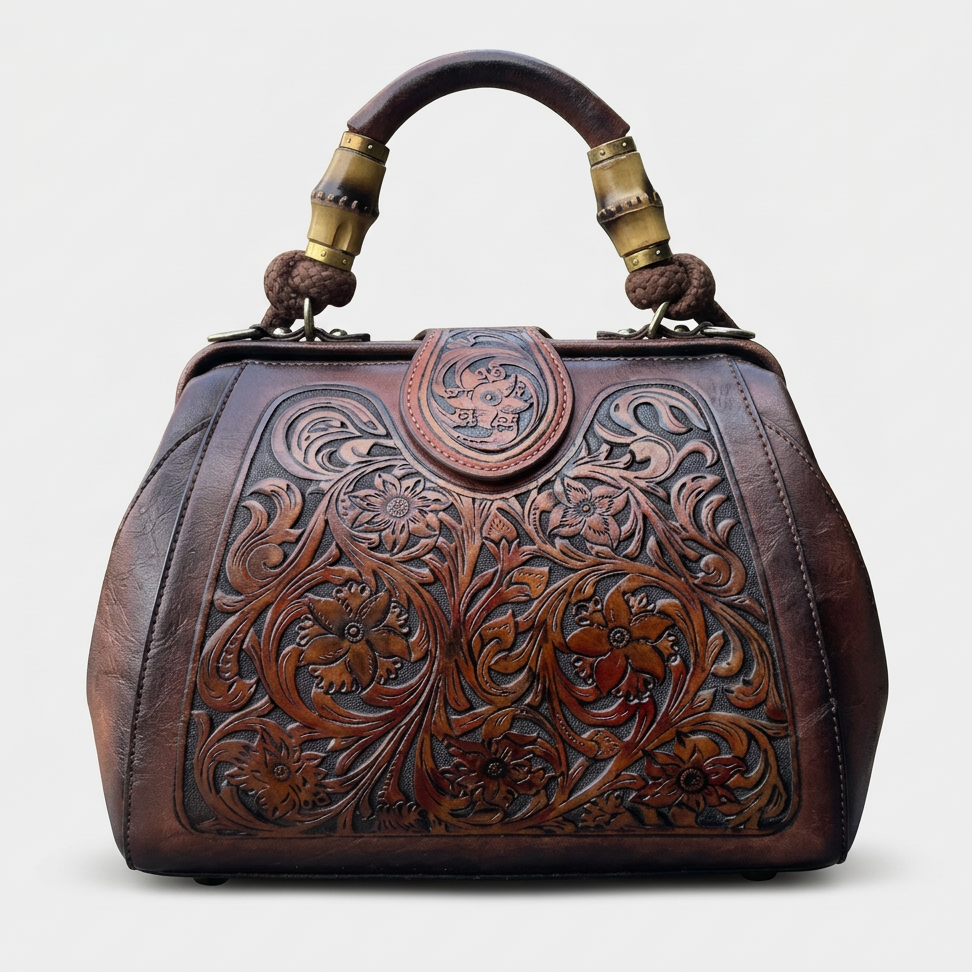 Flora – Tooled Leather Doctor Bag, Top Handle Satchel Purse