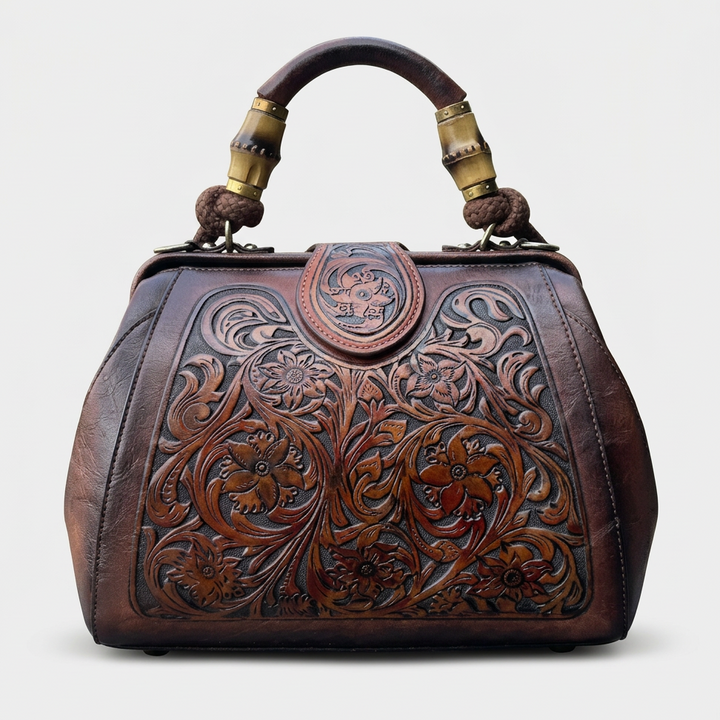 Flora – Tooled Leather Doctor Bag, Top Handle Satchel Purse