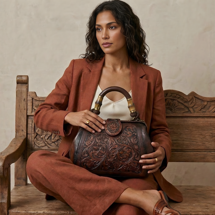 Flora – Tooled Leather Doctor Bag, Top Handle Satchel Purse