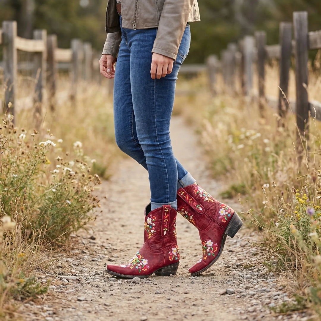 Floral Embroidered Western Ankle Boot - Red