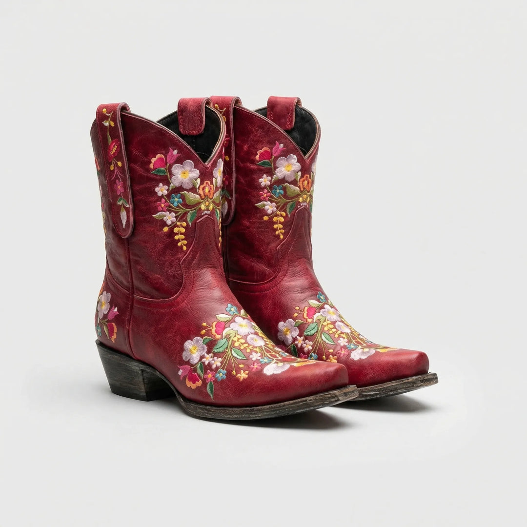 Floral Embroidered Western Ankle Boot - Red