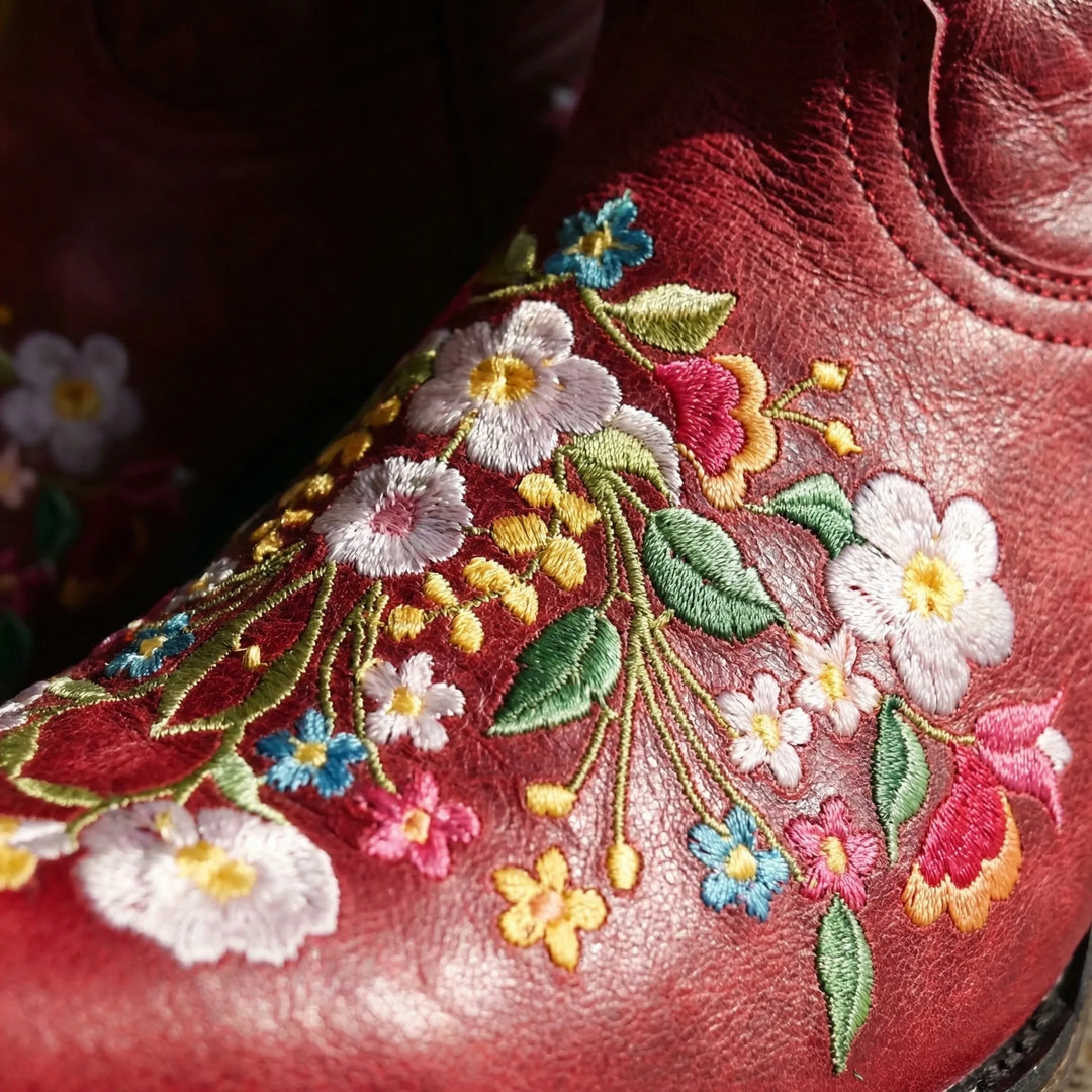 Floral Embroidered Western Ankle Boot - Red