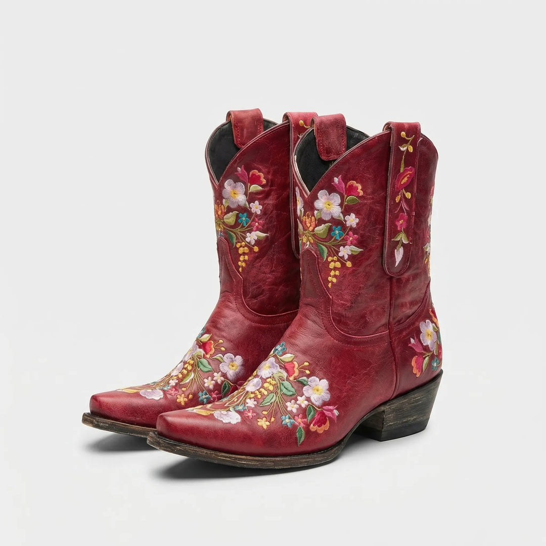 Floral Embroidered Western Ankle Boot - Red