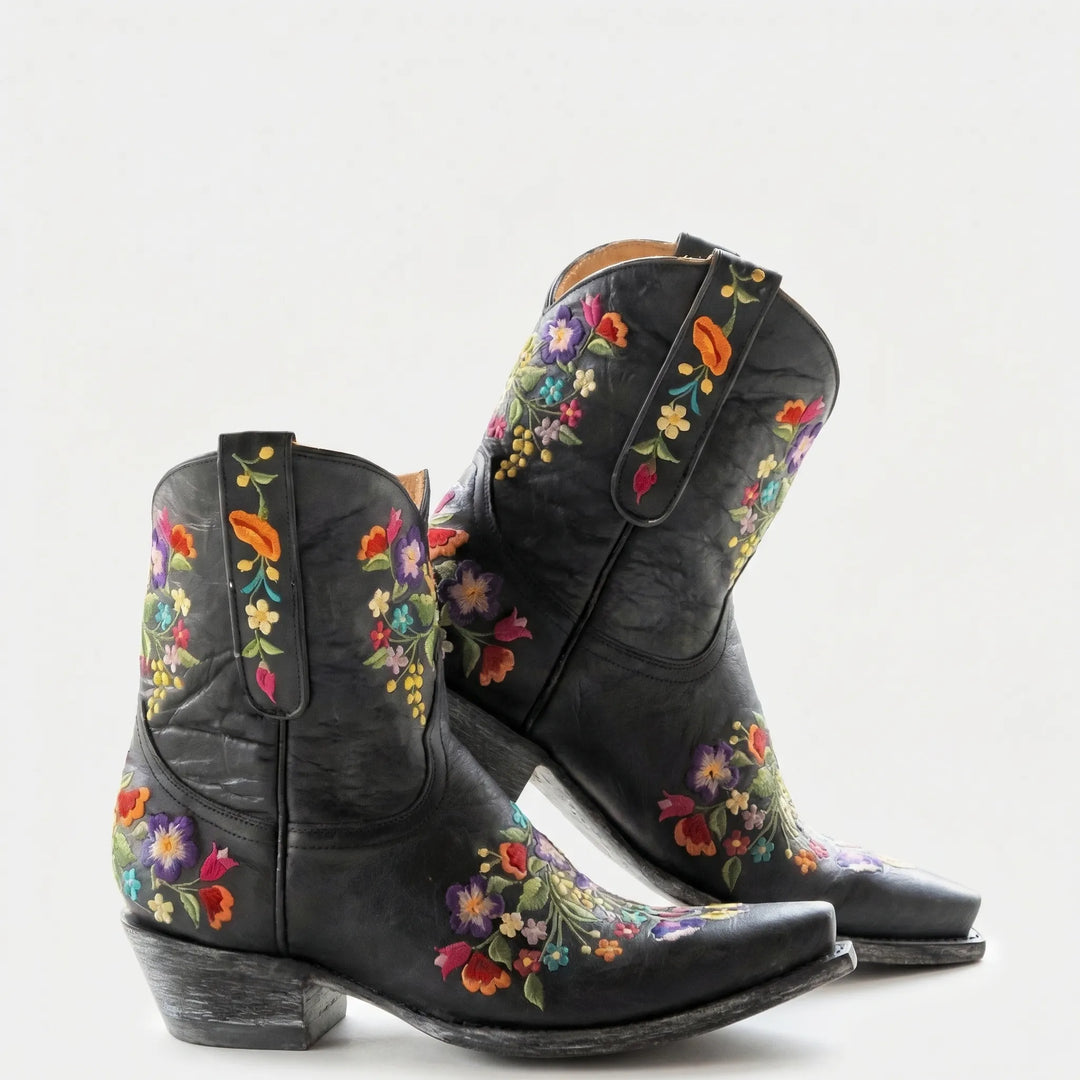 Floral Embroidered Western Ankle Boot - Red
