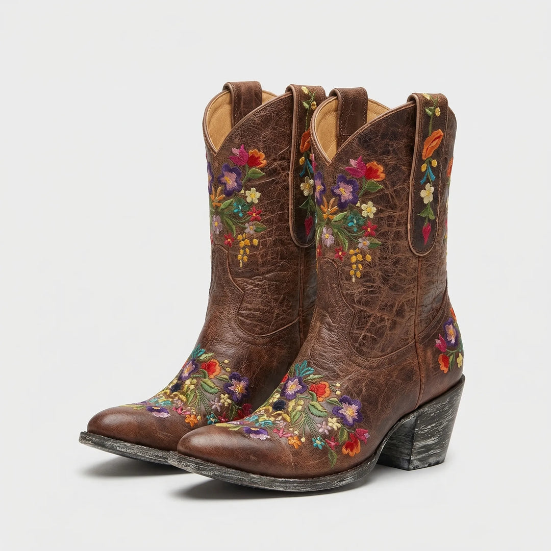 Floral Embroidered Western Ankle Boot - Red