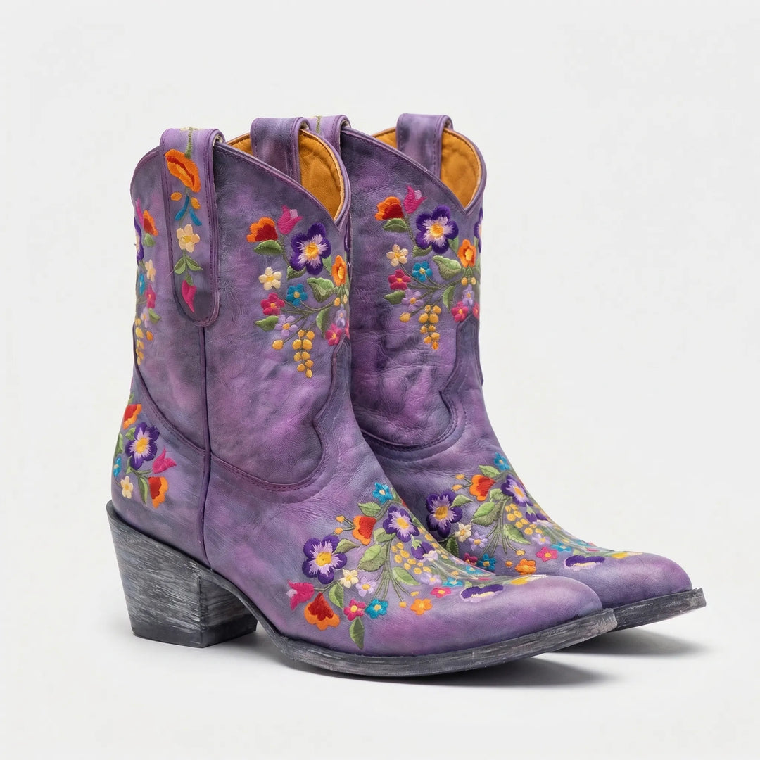 Floral Embroidered Western Ankle Boot - Red