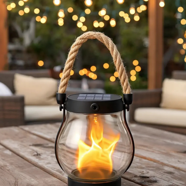 Solar lamp with realistic flickering flame effect for garden and outdoor lighting