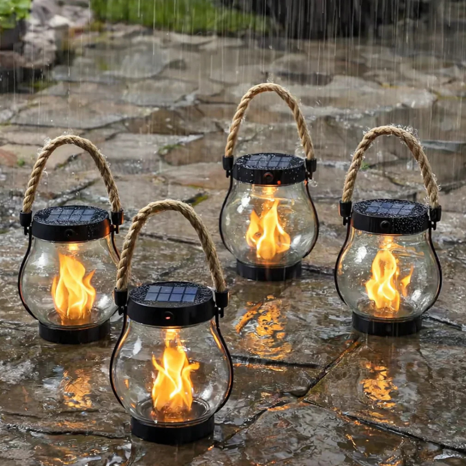Solar lamp with realistic flickering flame effect for garden and outdoor lighting