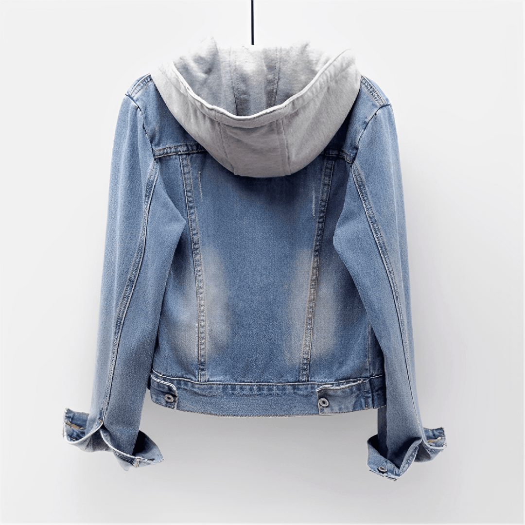 Women's Long Sleeve Vintage Denim Jacket with Removable Hood