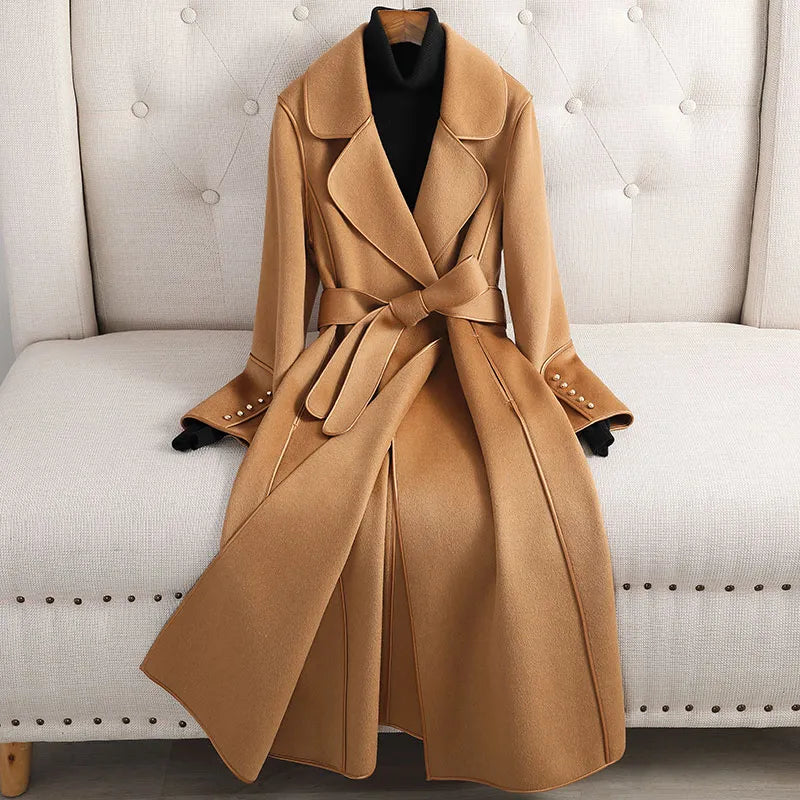 Women's Classic Wool Trench Coat with Adjustable Belt – Tailored Fit for Office to Casual