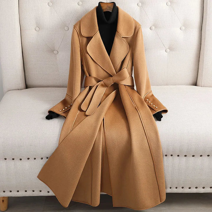 Women's Classic Wool Trench Coat with Adjustable Belt – Tailored Fit for Office to Casual