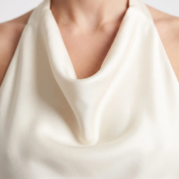Draped Halter Backless Mini Dress in Satin Beige