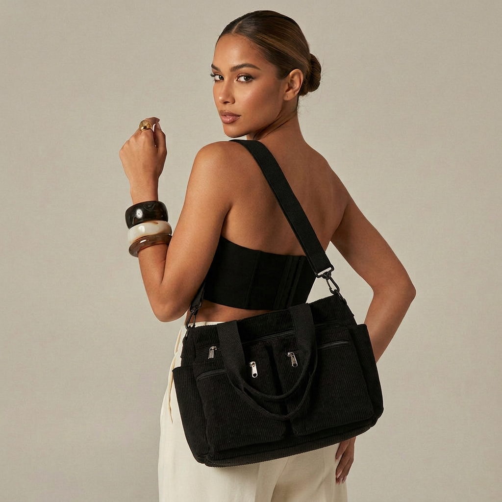Hazel – Corduroy Multi-Pocket Work Tote Bag with Crossbody Strap